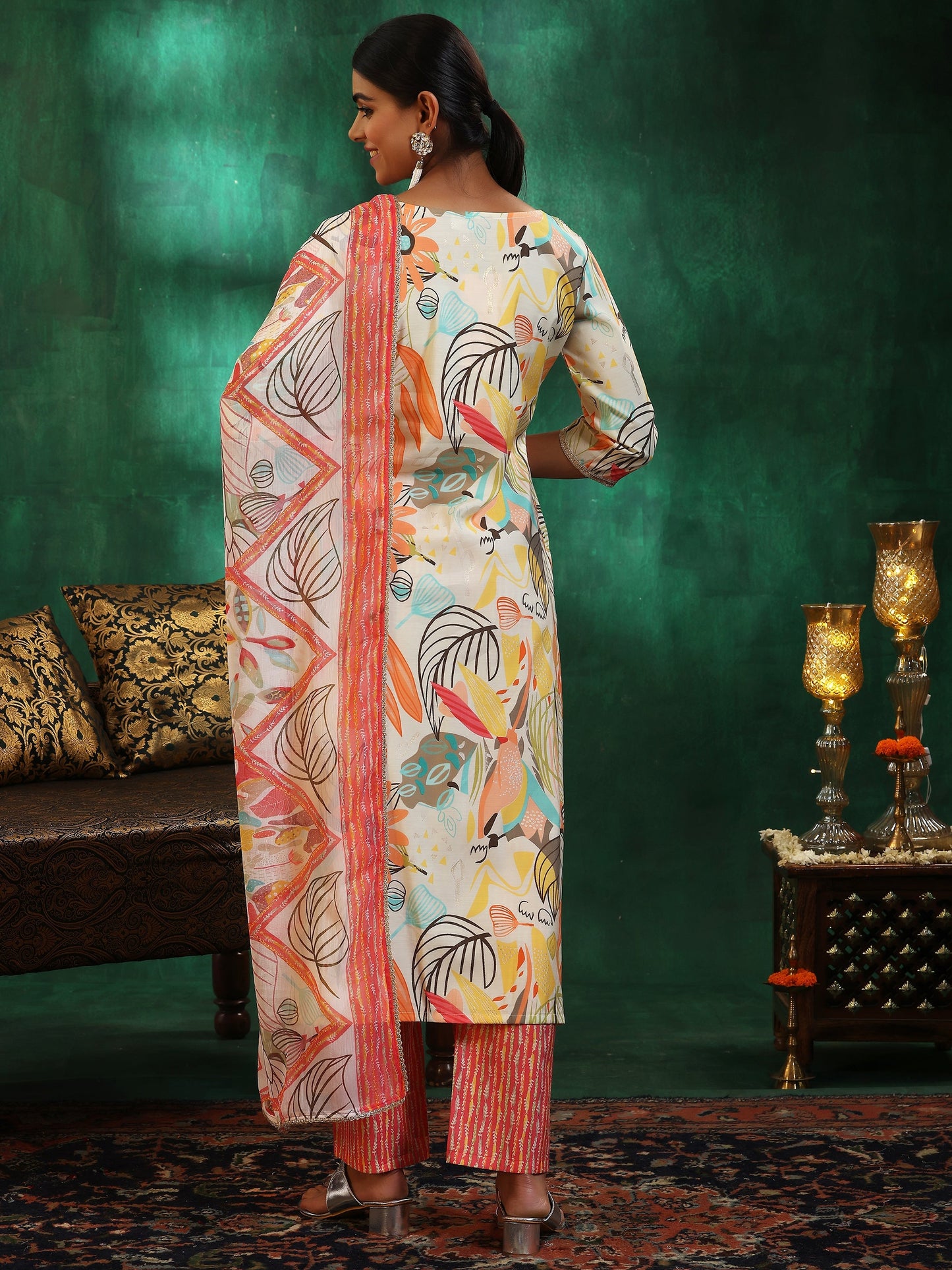 Off White Printed Silk Blend Straight Suit With Dupatta