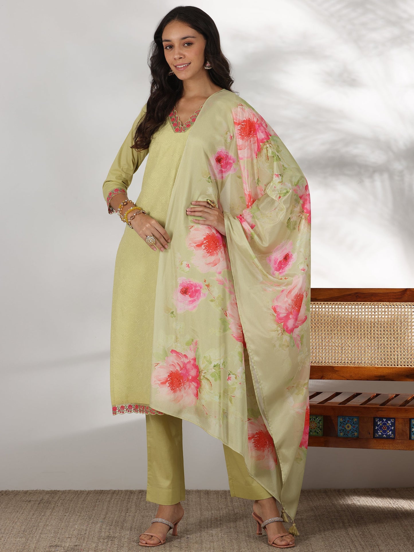 Green Embroidered Cotton Straight Suit With Dupatta