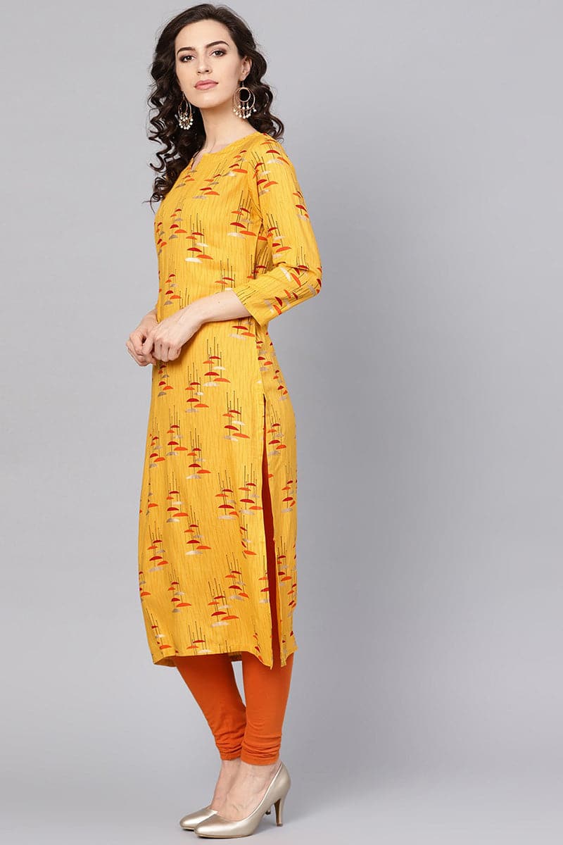 Beautiful Printed Mustard Color Cotton Fabric Kurti VCK1103