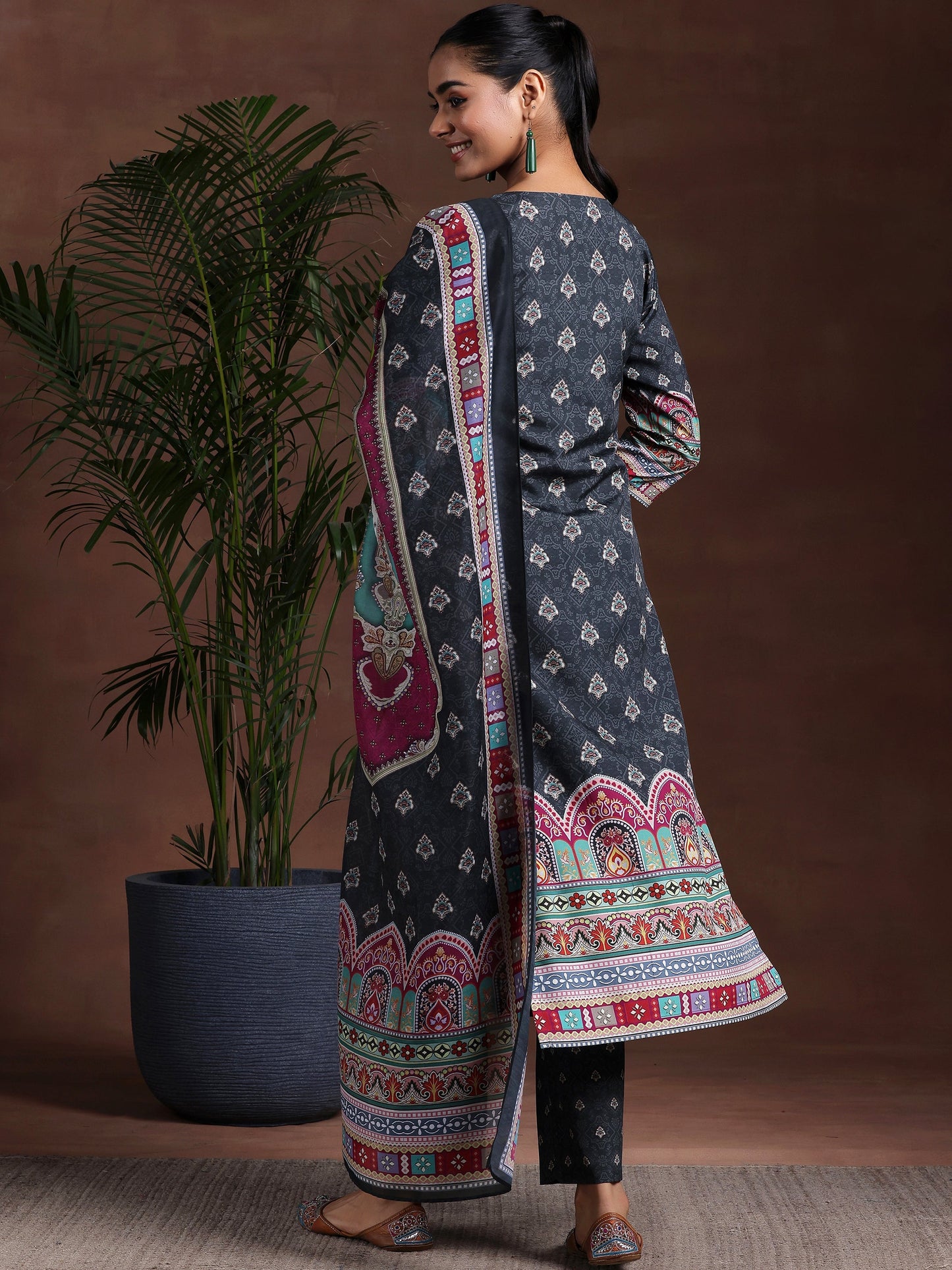 Black Printed Poly Crepe Straight Suit With Dupatta