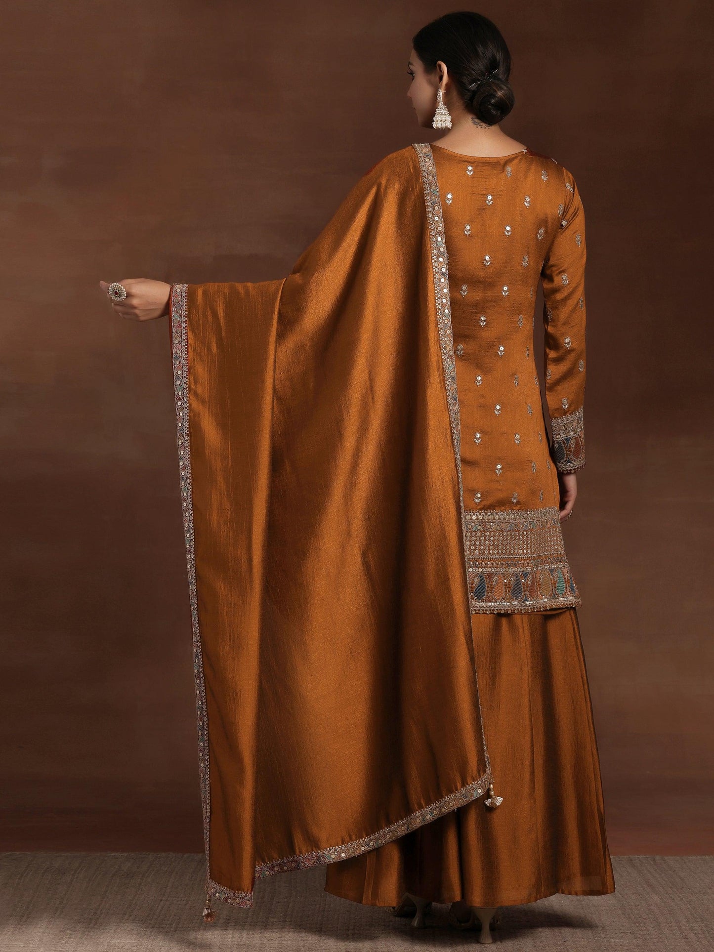 Adaa Rust Embroidered Silk Blend Straight Kurta With Palazzos & Dupatta