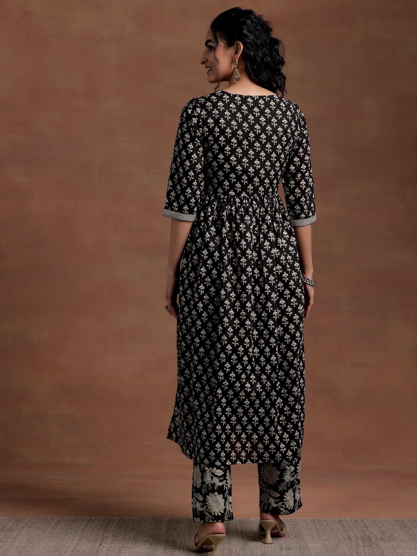 Black Printed Cotton A-Line Kurta With Palazzos