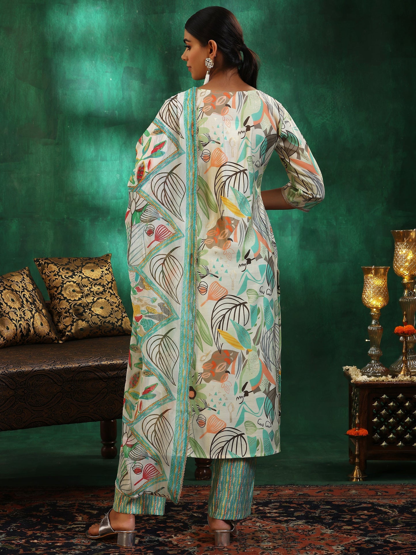 Off White Printed Silk Blend Straight Suit With Dupatta