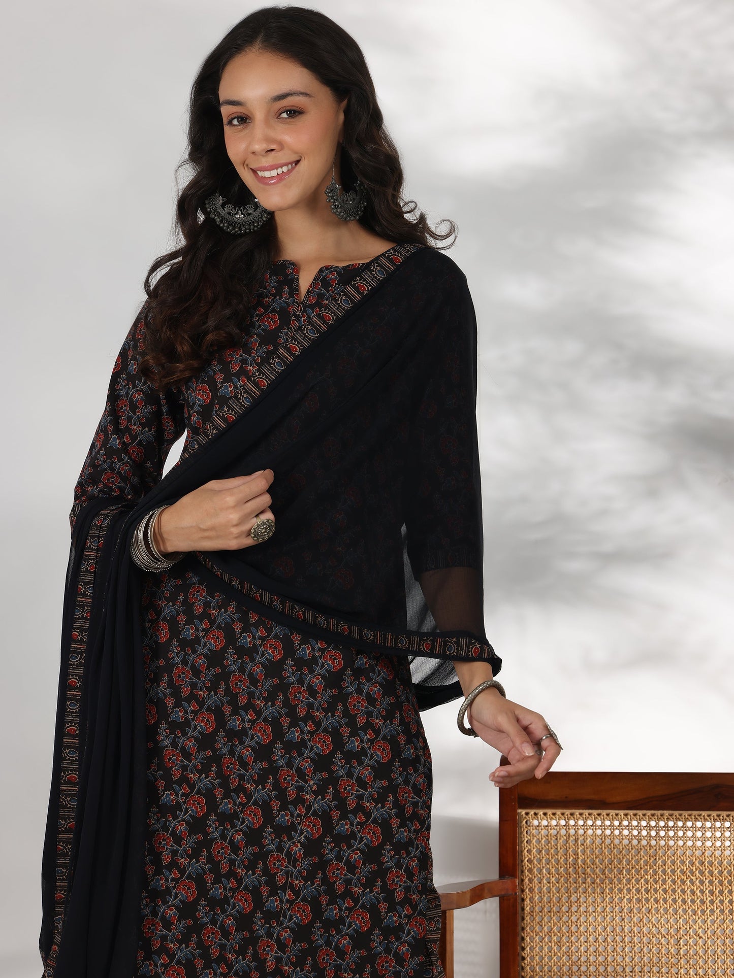 Black Printed Cotton Straight Suit With Dupatta