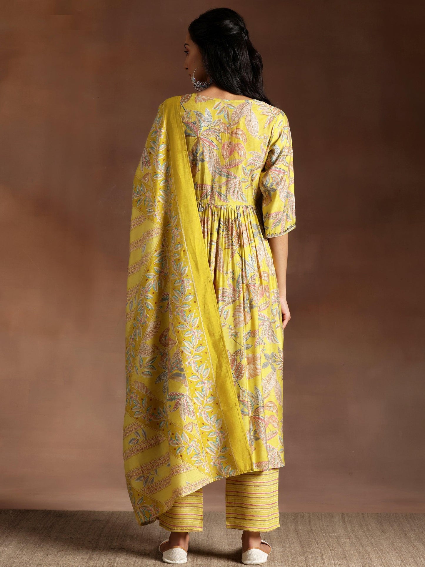 Aashna Mustard Printed Silk Blend A-Line Kurta With Palazzos & Dupatta