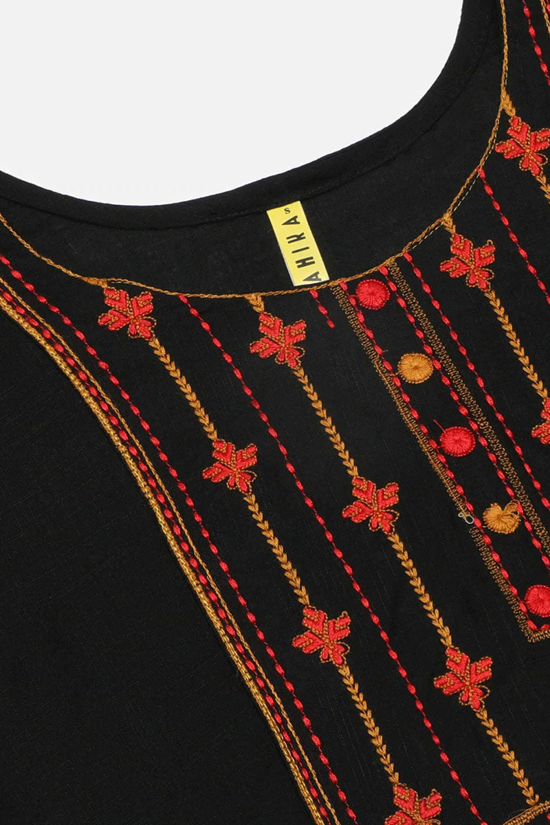 Black Orange Cotton Yoke Design Embroidered Straight Kurta VEKSL1055