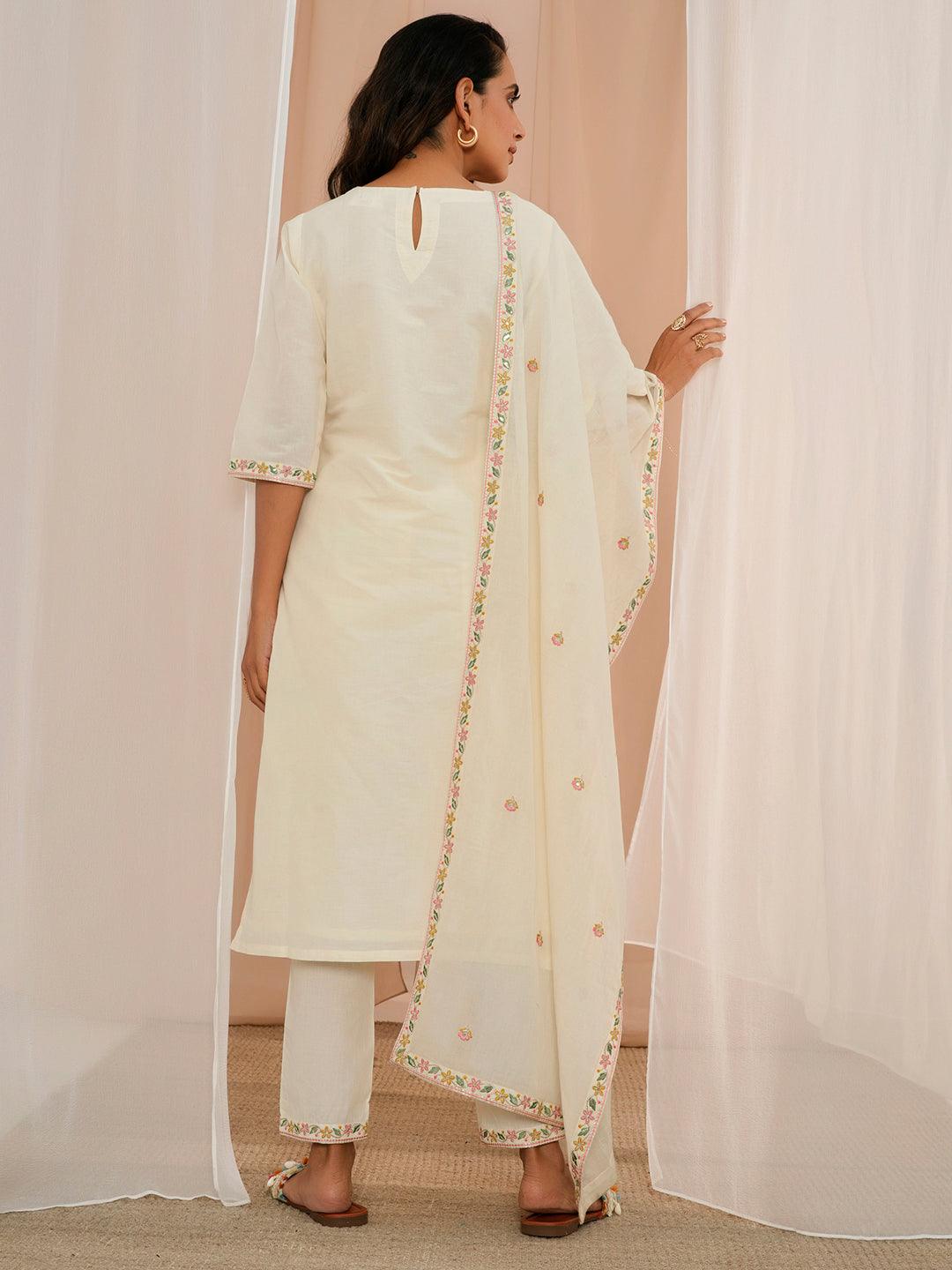 Off White Yoke Design Cotton Straight Suit With Dupatta