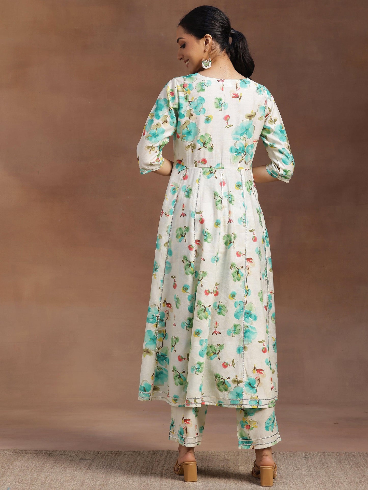 Off white Printed Silk Blend Anarkali Kurta With Trousers