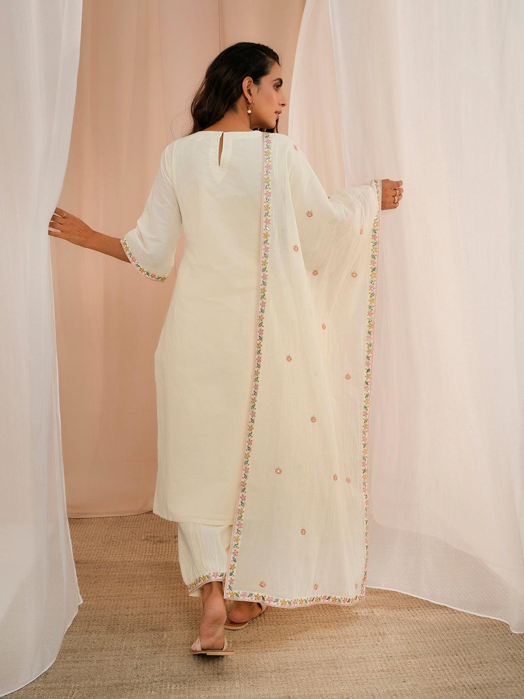 Off White Yoke Design Cotton Straight Suit With Dupatta