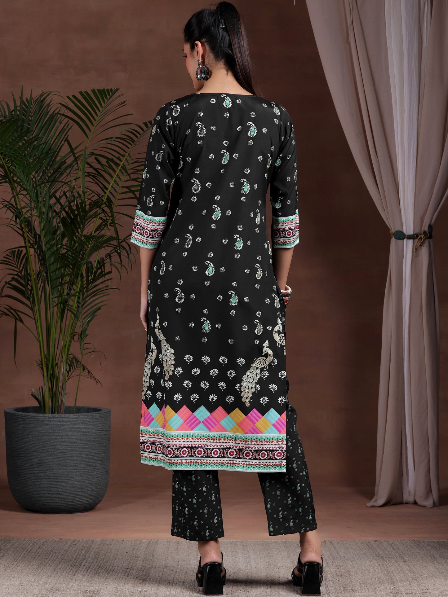 Black Printed Poly Crepe Straight Kurta Set