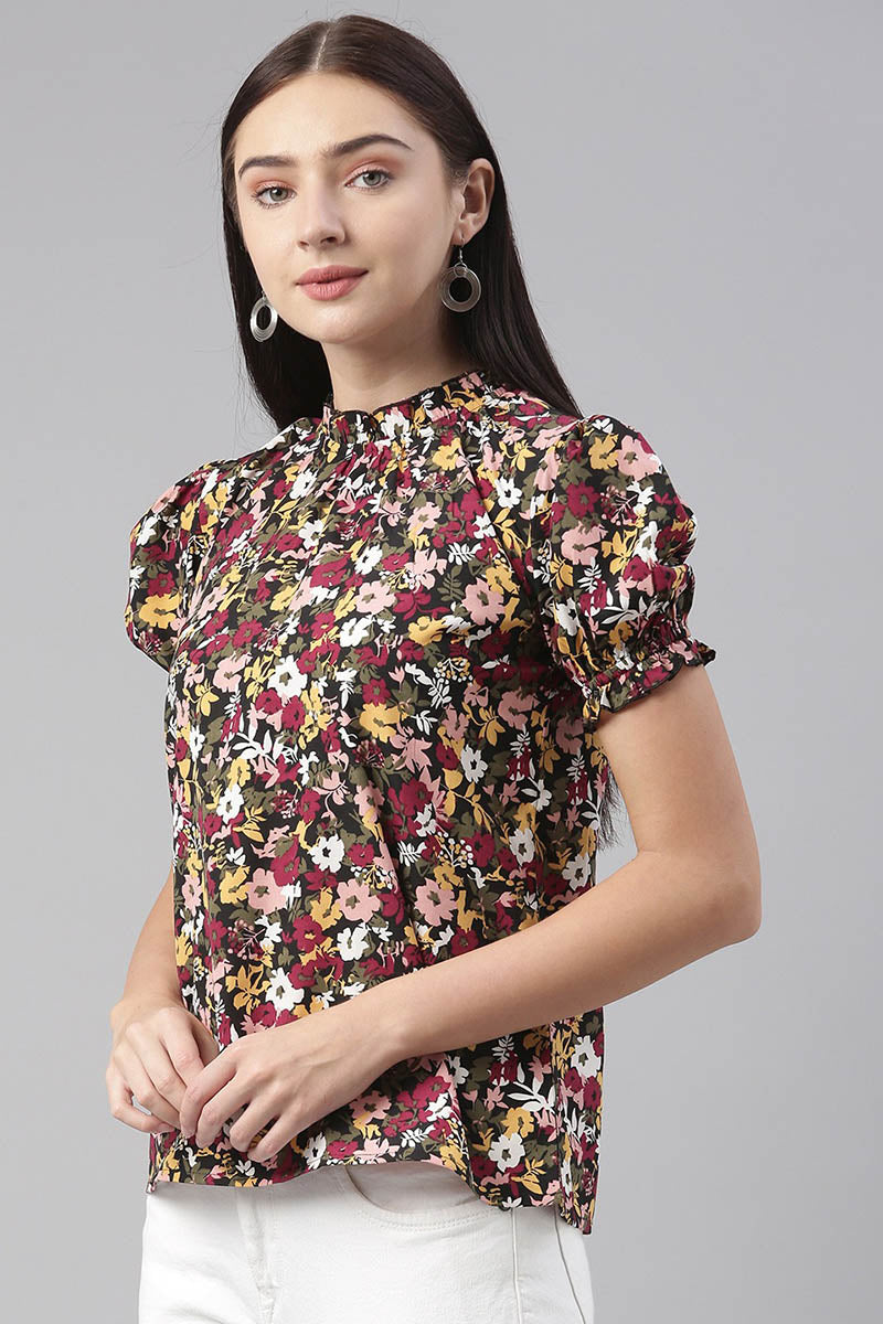 Black Polyester Floral Printed Regular Top VT1003