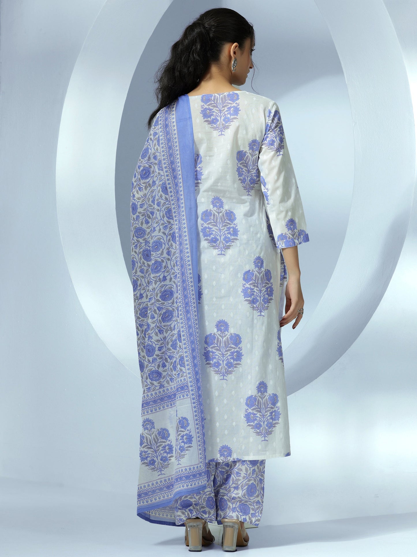 Off White Printed Cotton Straight Suit With Dupatta