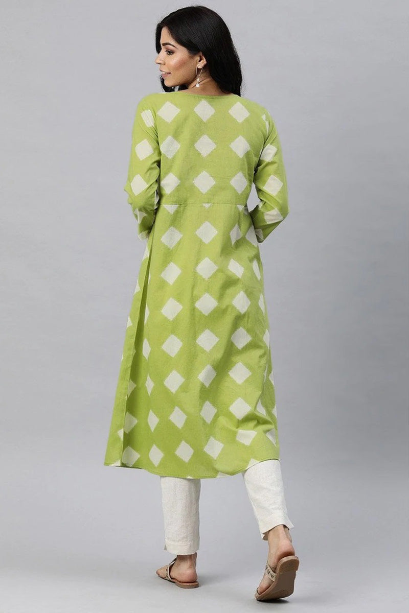 Green And White Cotton Printed A Line Kurta VCK1763E