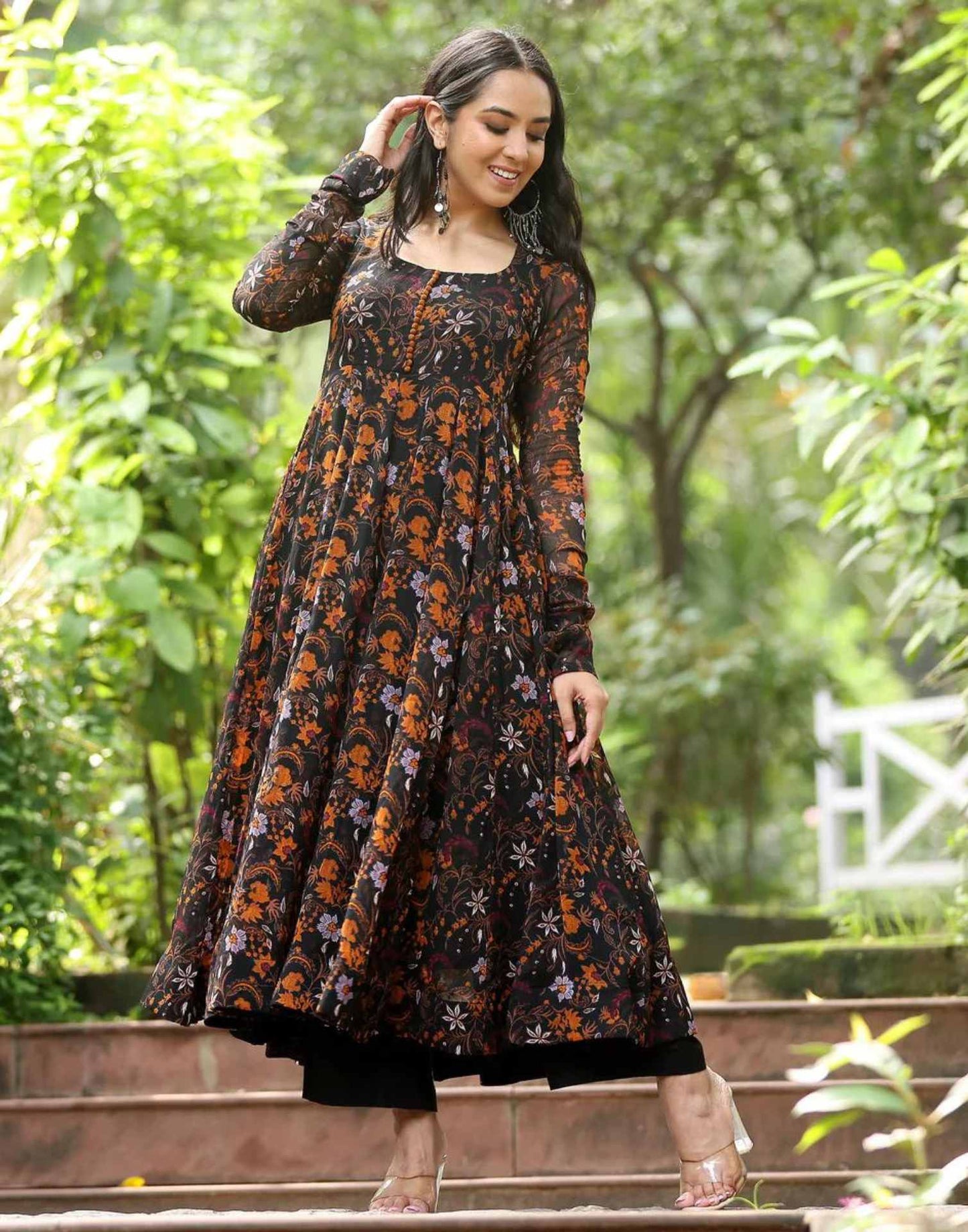 Black Printed Georgette Ethnic Dress