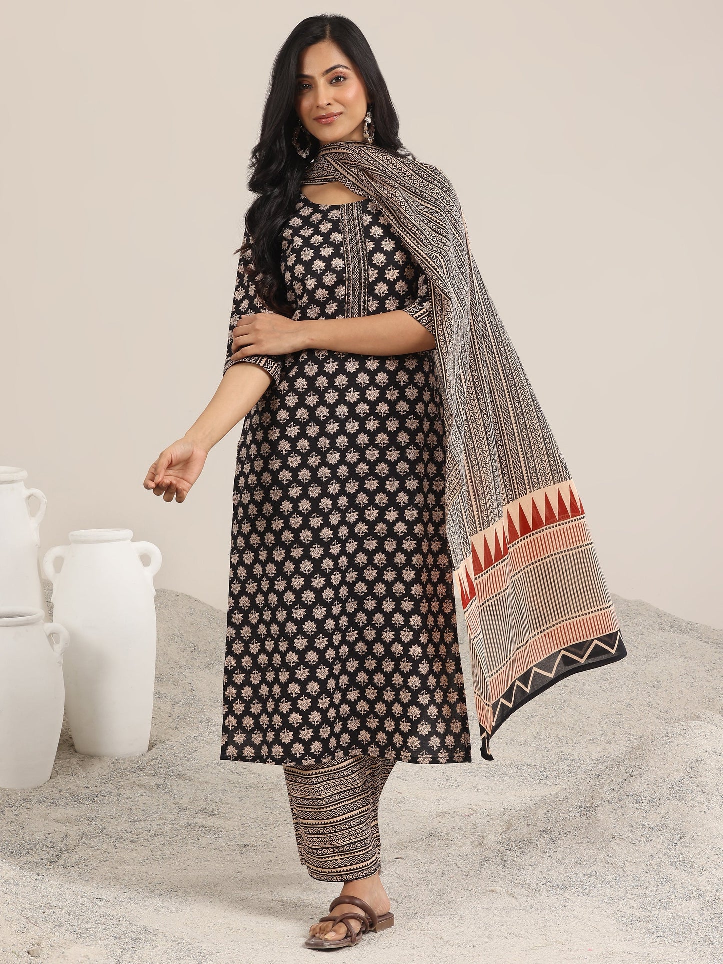 Black Printed Cotton Straight Suit With Dupatta