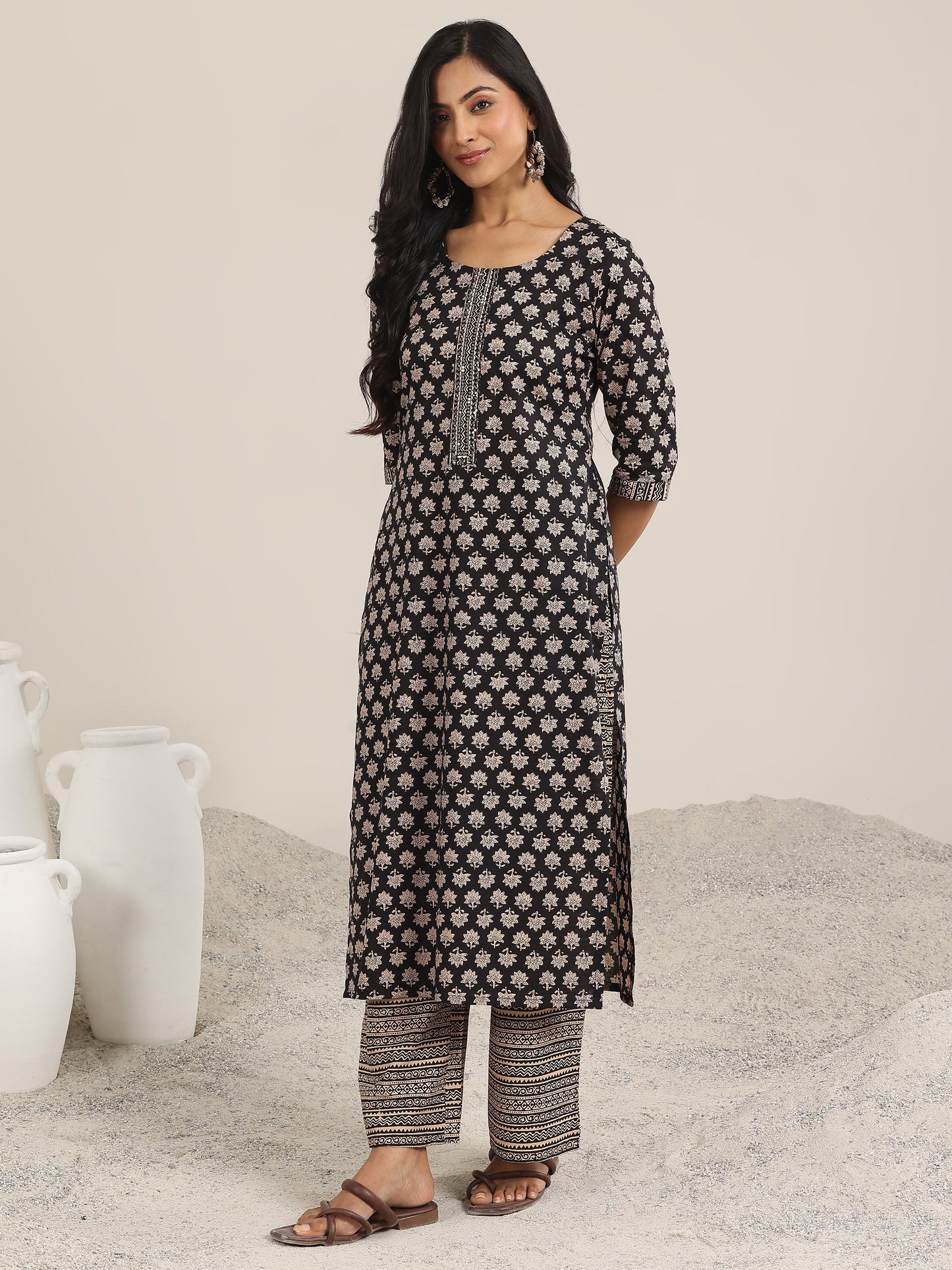 Black Printed Cotton Straight Suit With Dupatta