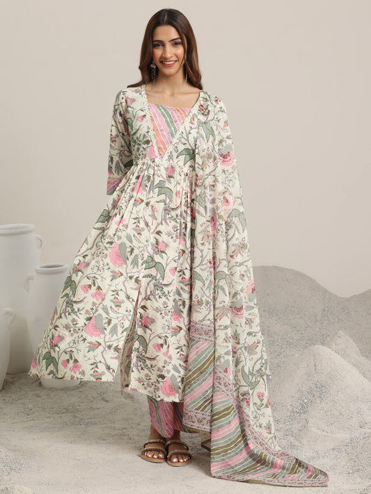 Off white Printed Cotton Anarkali Suit Set With Dupatta