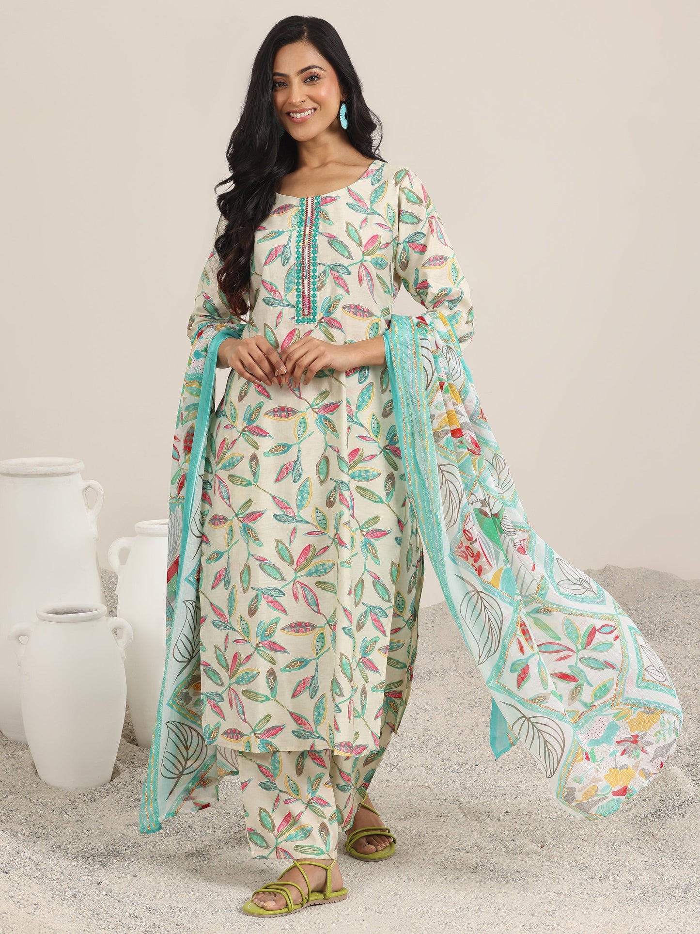 Off white Printed Silk Blend Straight Suit With Dupatta