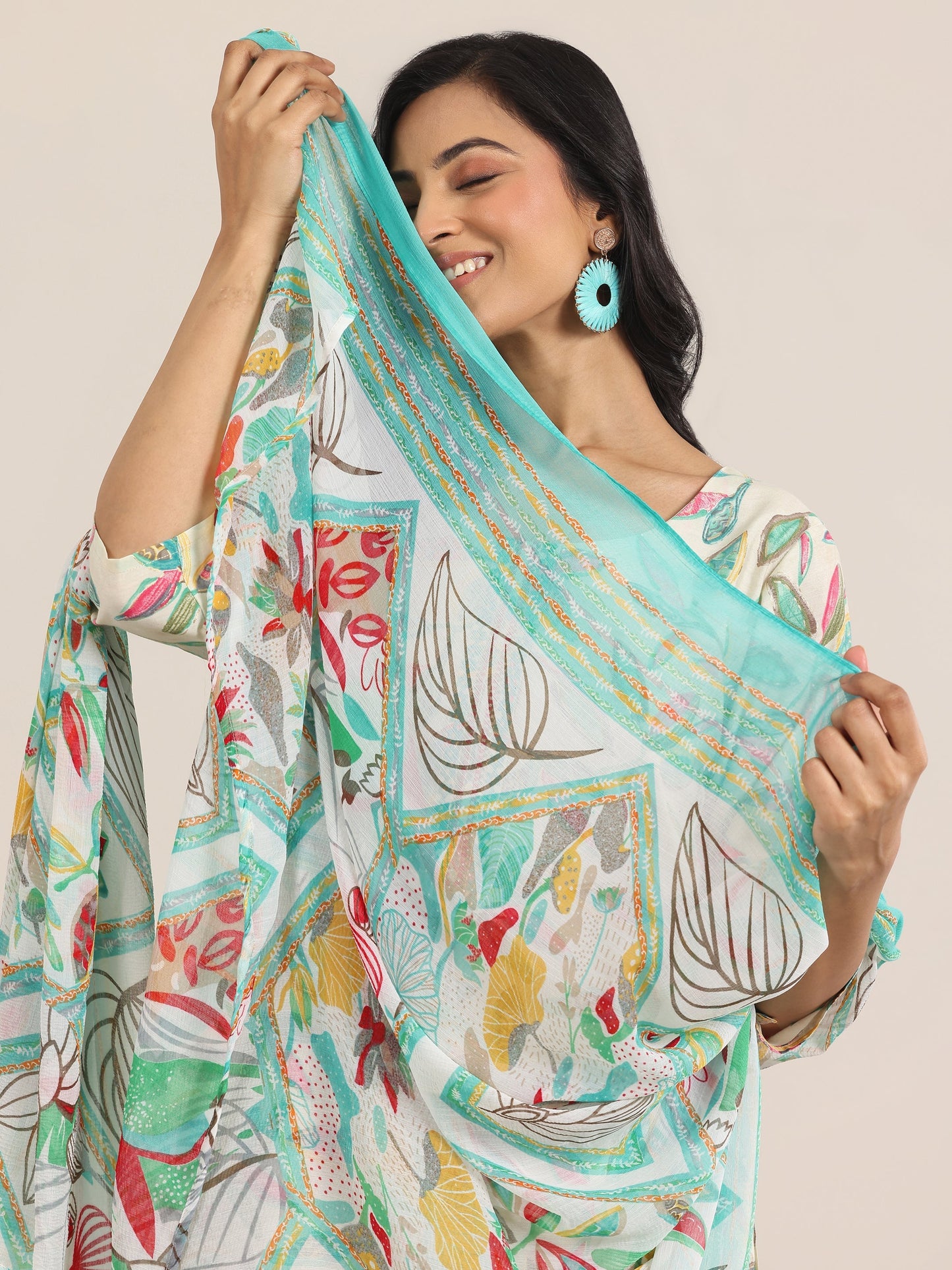 Off white Printed Silk Blend Straight Suit With Dupatta