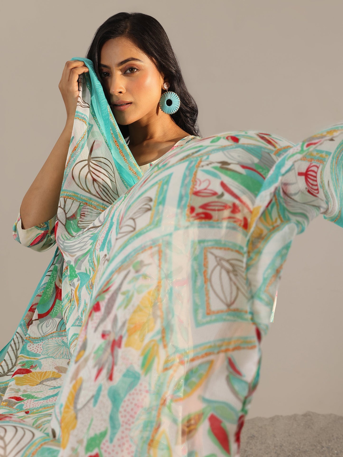 Off white Printed Silk Blend Straight Suit With Dupatta