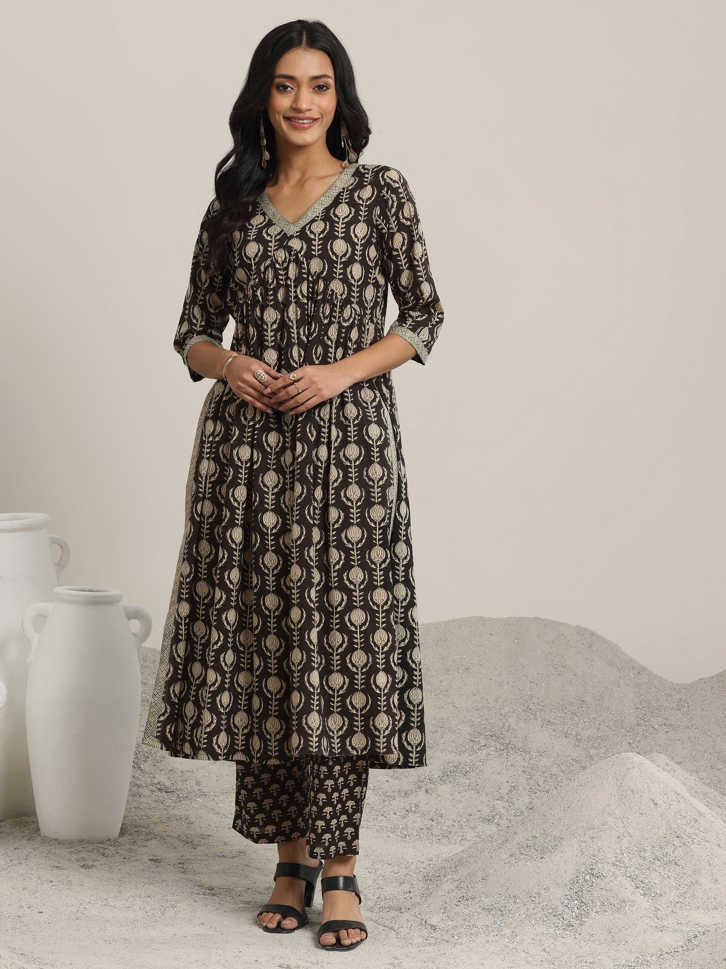 Black Printed Cotton A-Line Kurta Set