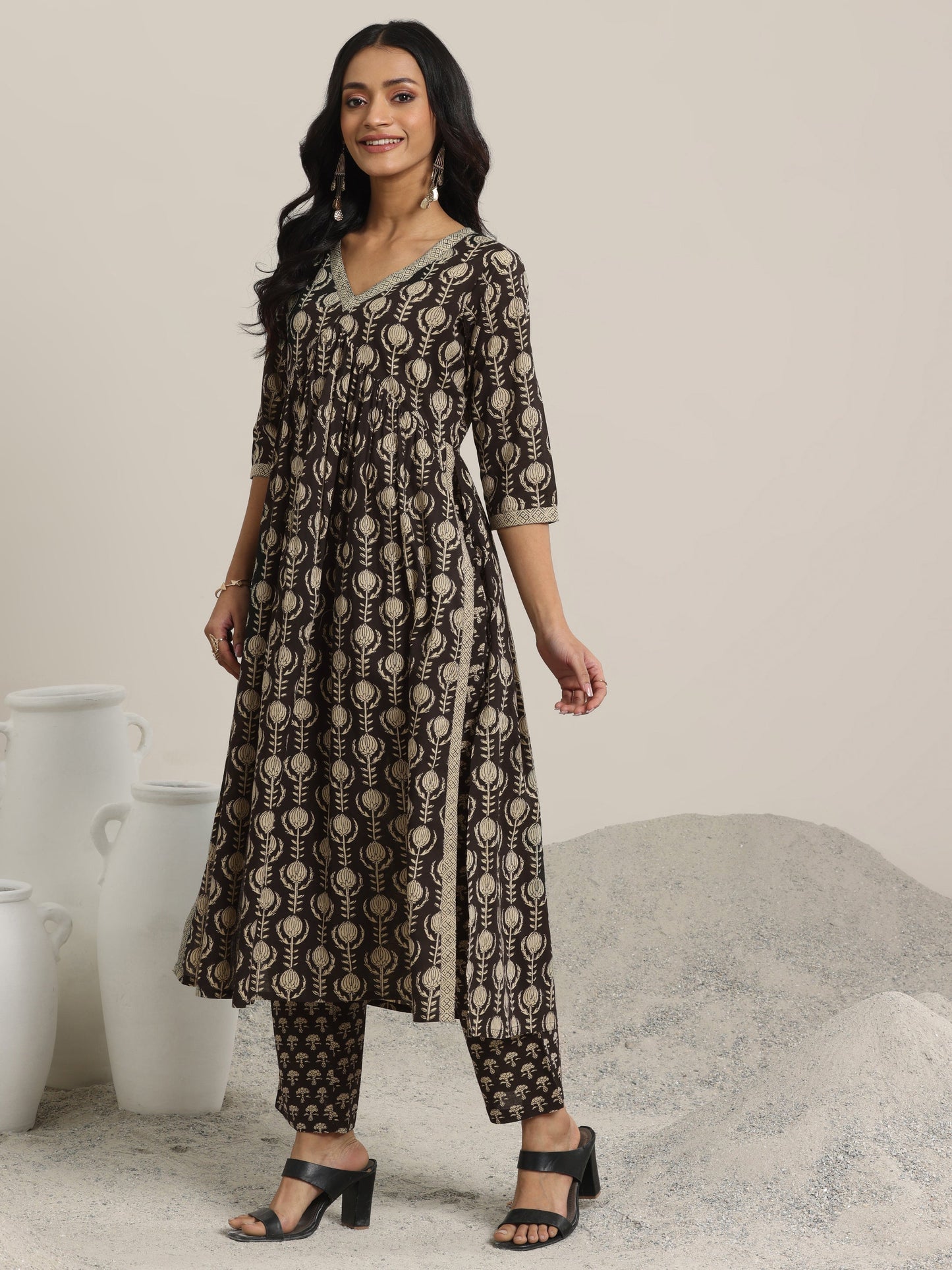 Black Printed Cotton A-Line Kurta Set