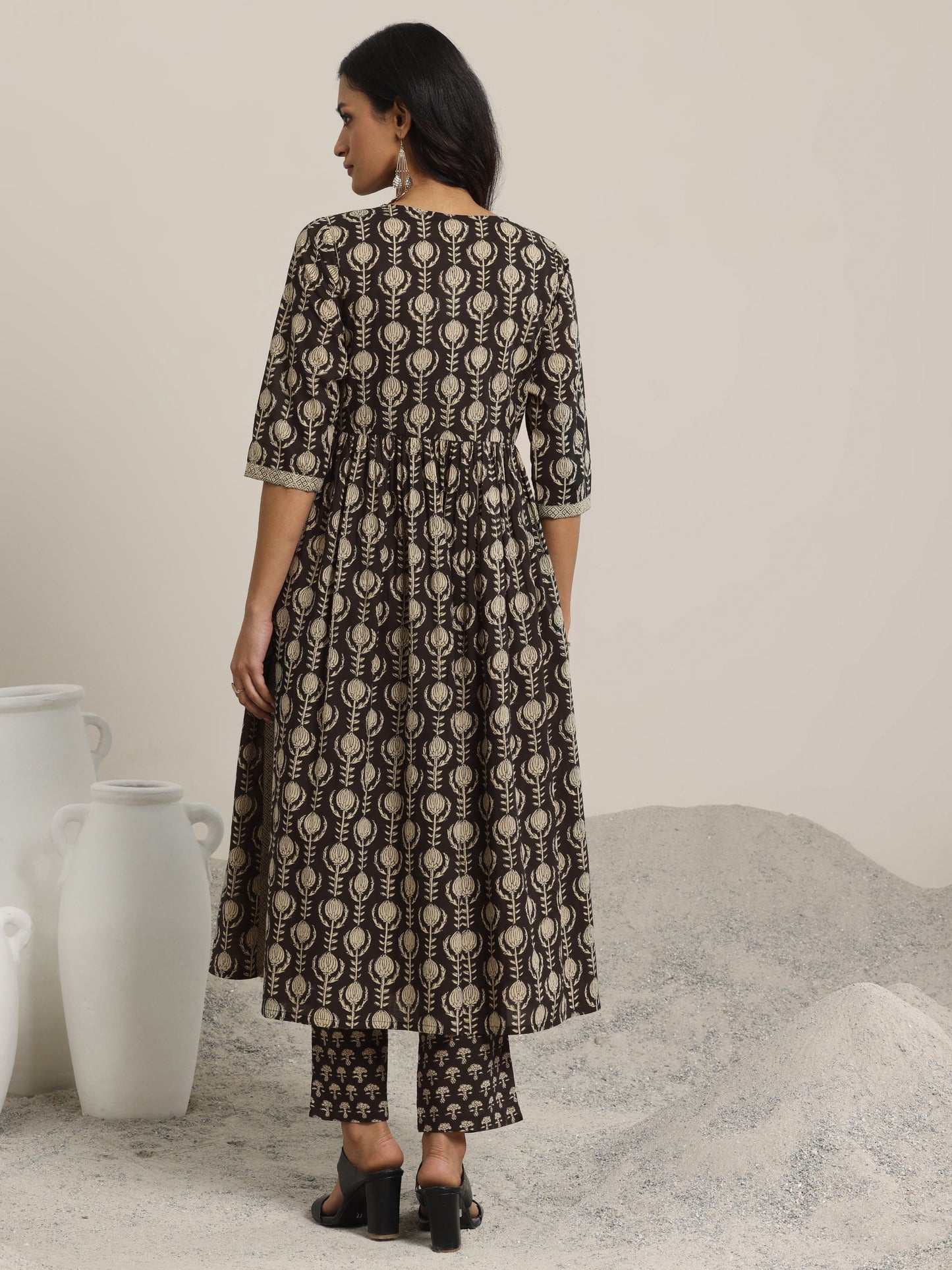 Black Printed Cotton A-Line Kurta Set