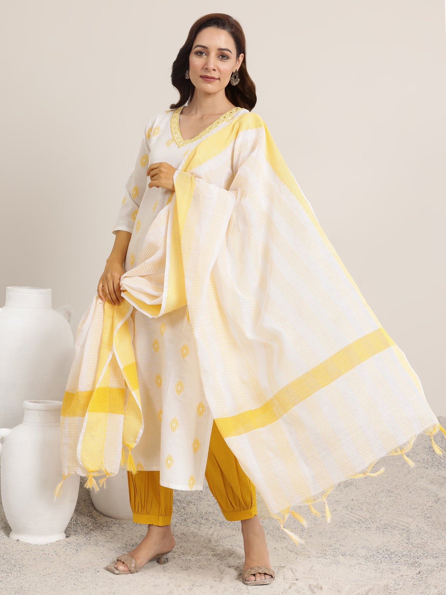 Off white Woven Design Cotton Blend Straight Suit Set With Dupatta