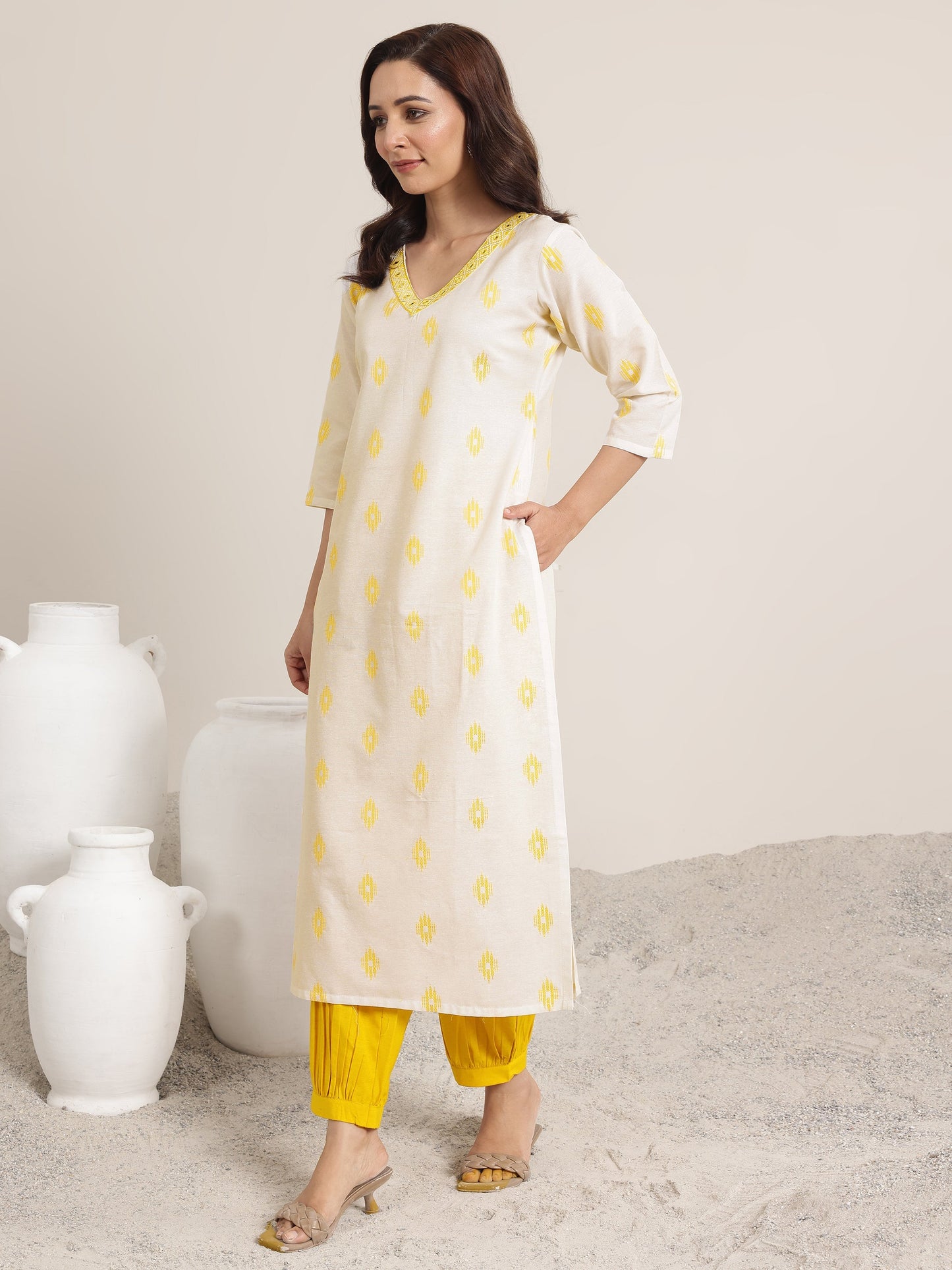 Off white Woven Design Cotton Blend Straight Suit Set With Dupatta