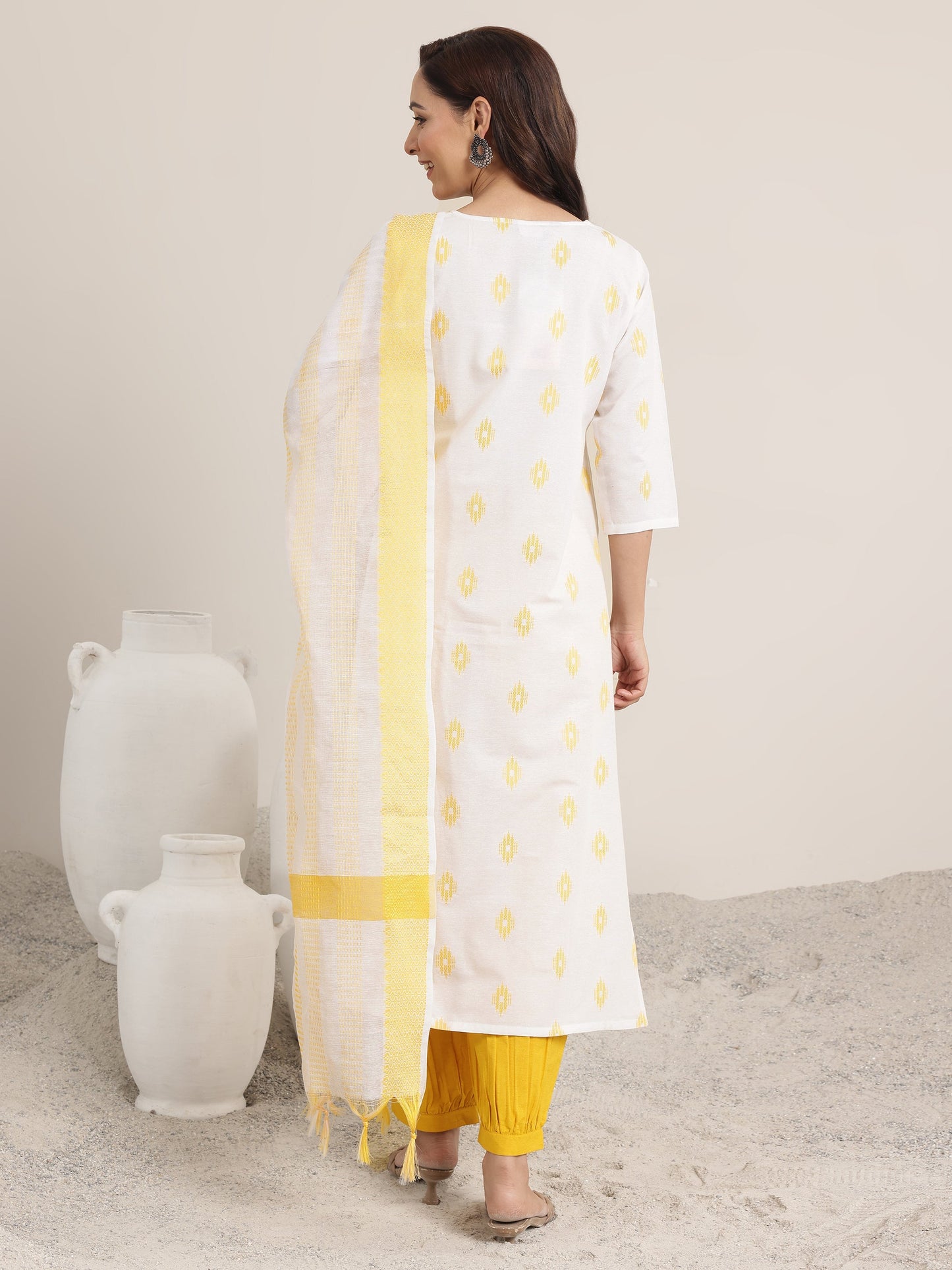 Off white Woven Design Cotton Blend Straight Suit Set With Dupatta