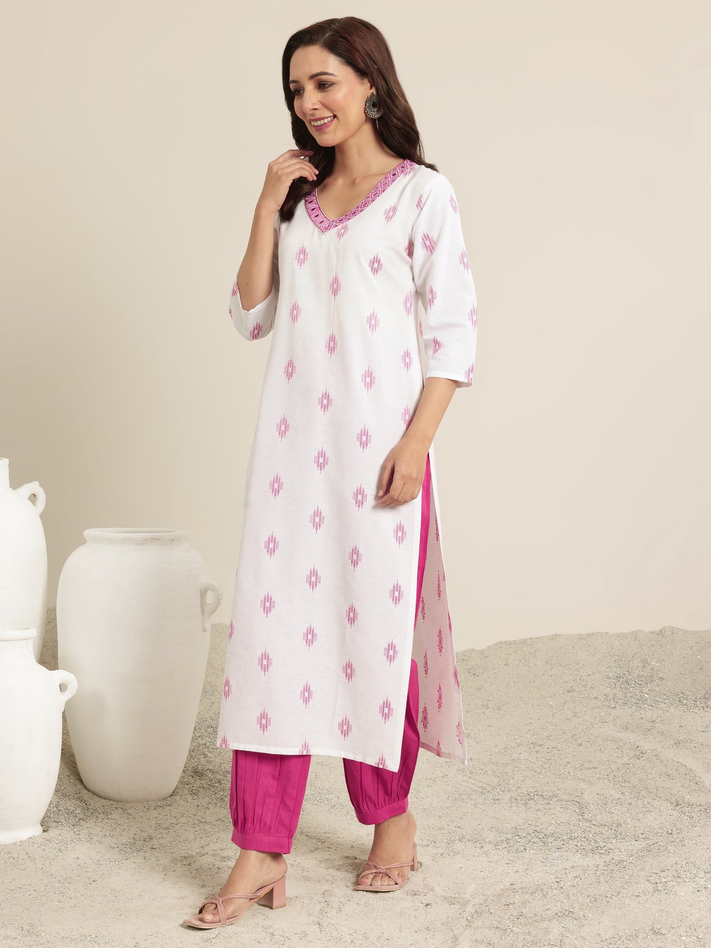 Off white Woven Design Cotton Blend Straight Suit Set With Dupatta