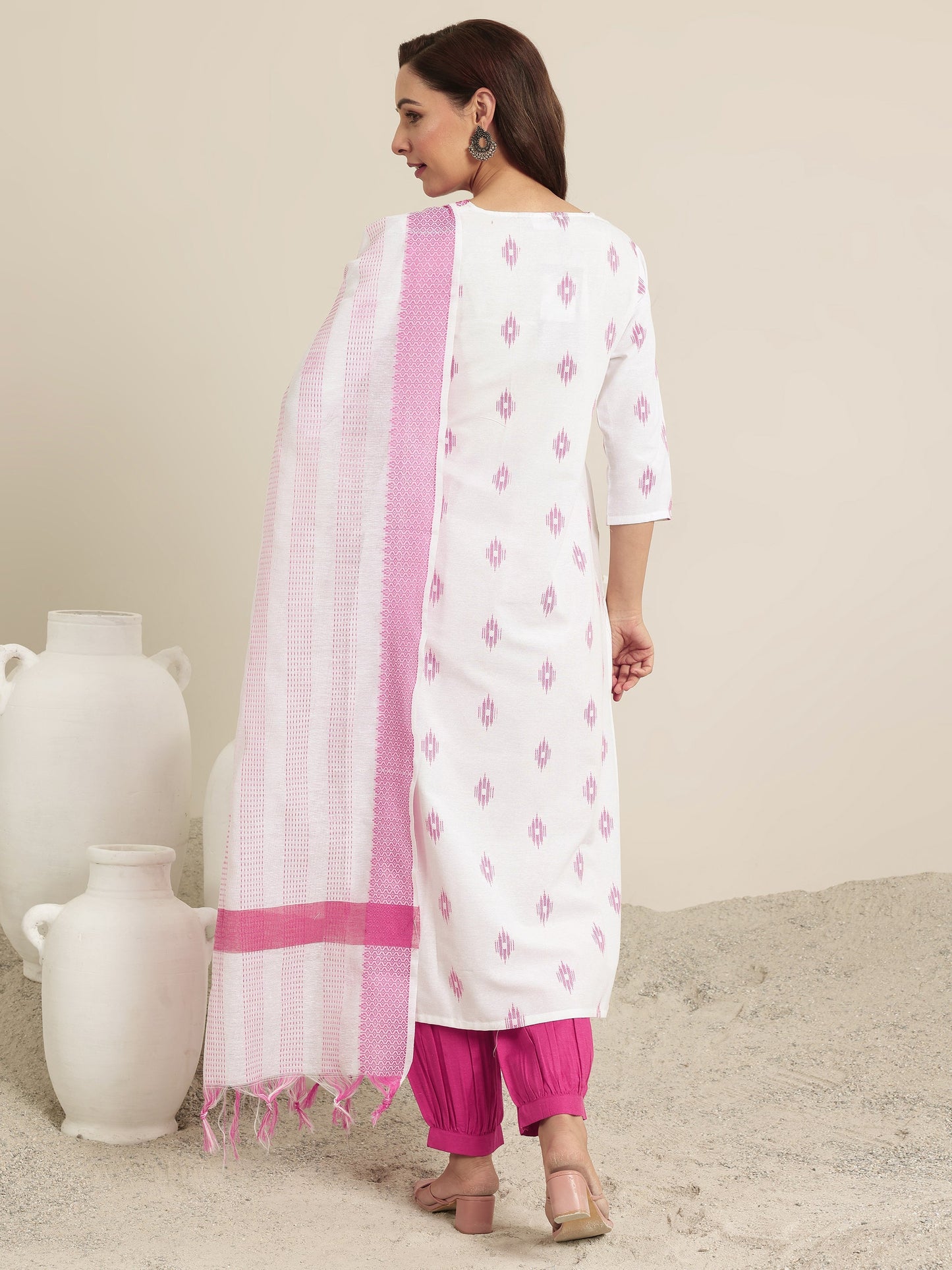 Off white Woven Design Cotton Blend Straight Suit Set With Dupatta