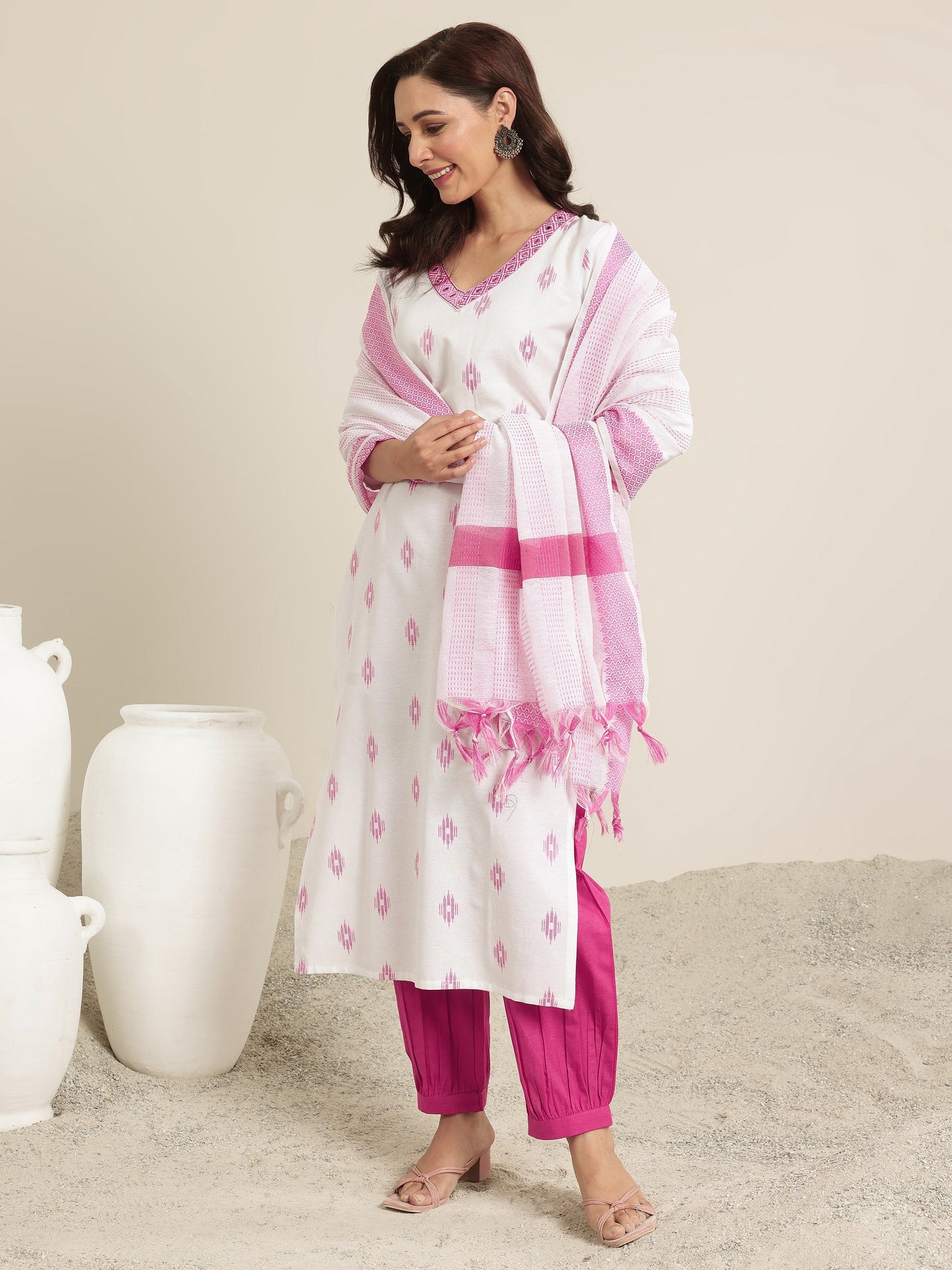 Off white Woven Design Cotton Blend Straight Suit Set With Dupatta