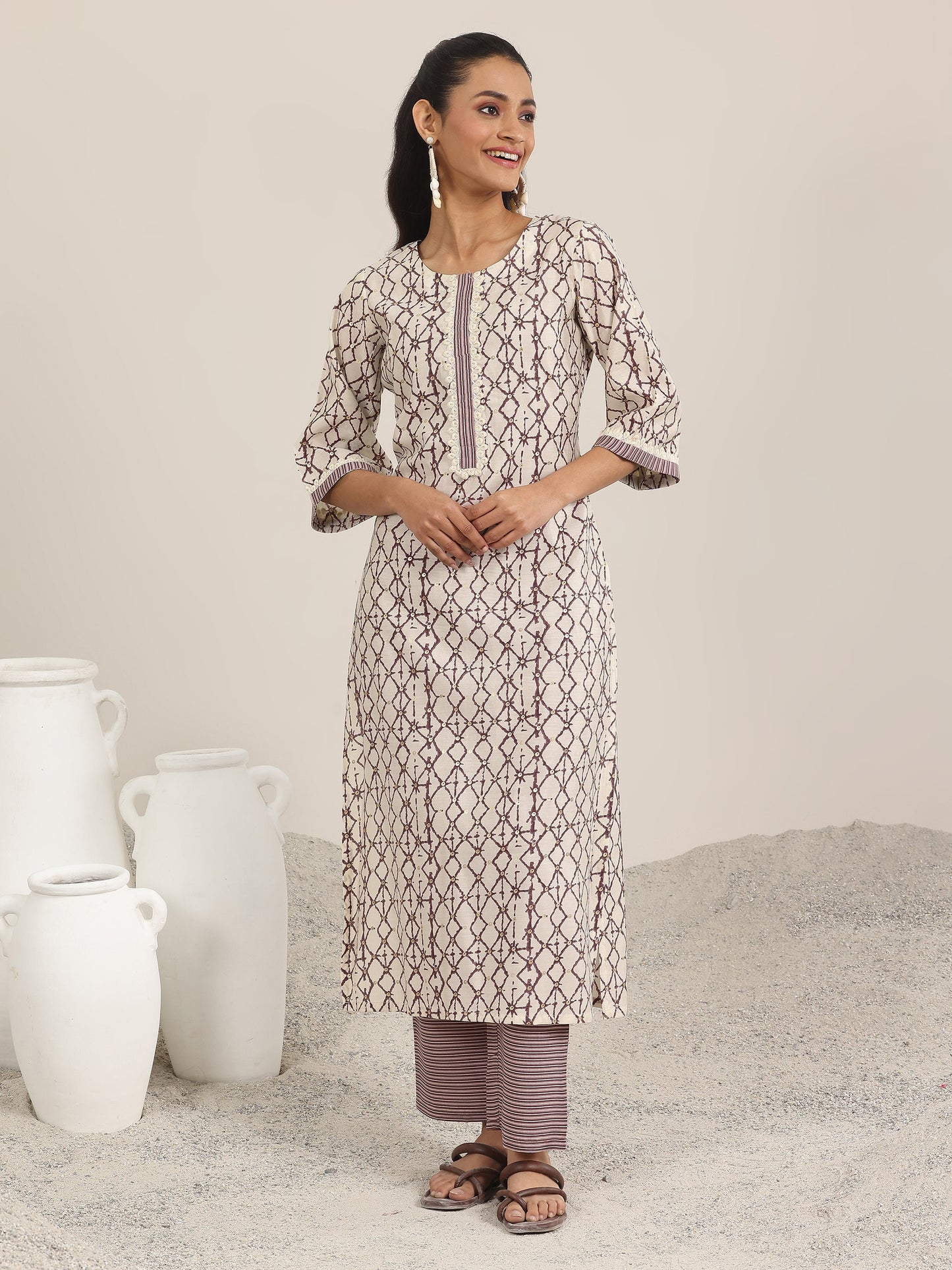 Off White Printed Silk Blend Straight Kurta Set