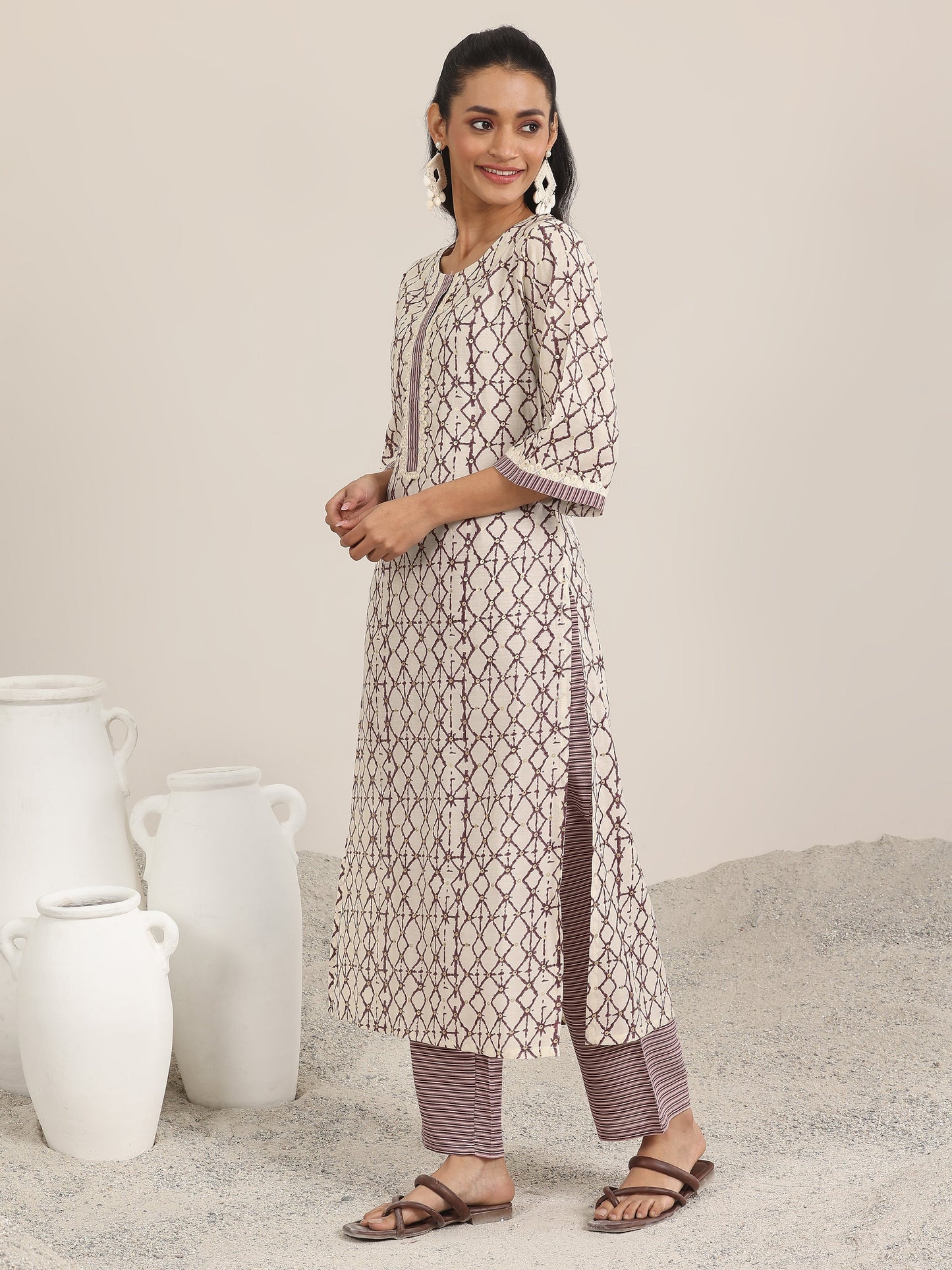 Off White Printed Silk Blend Straight Kurta Set