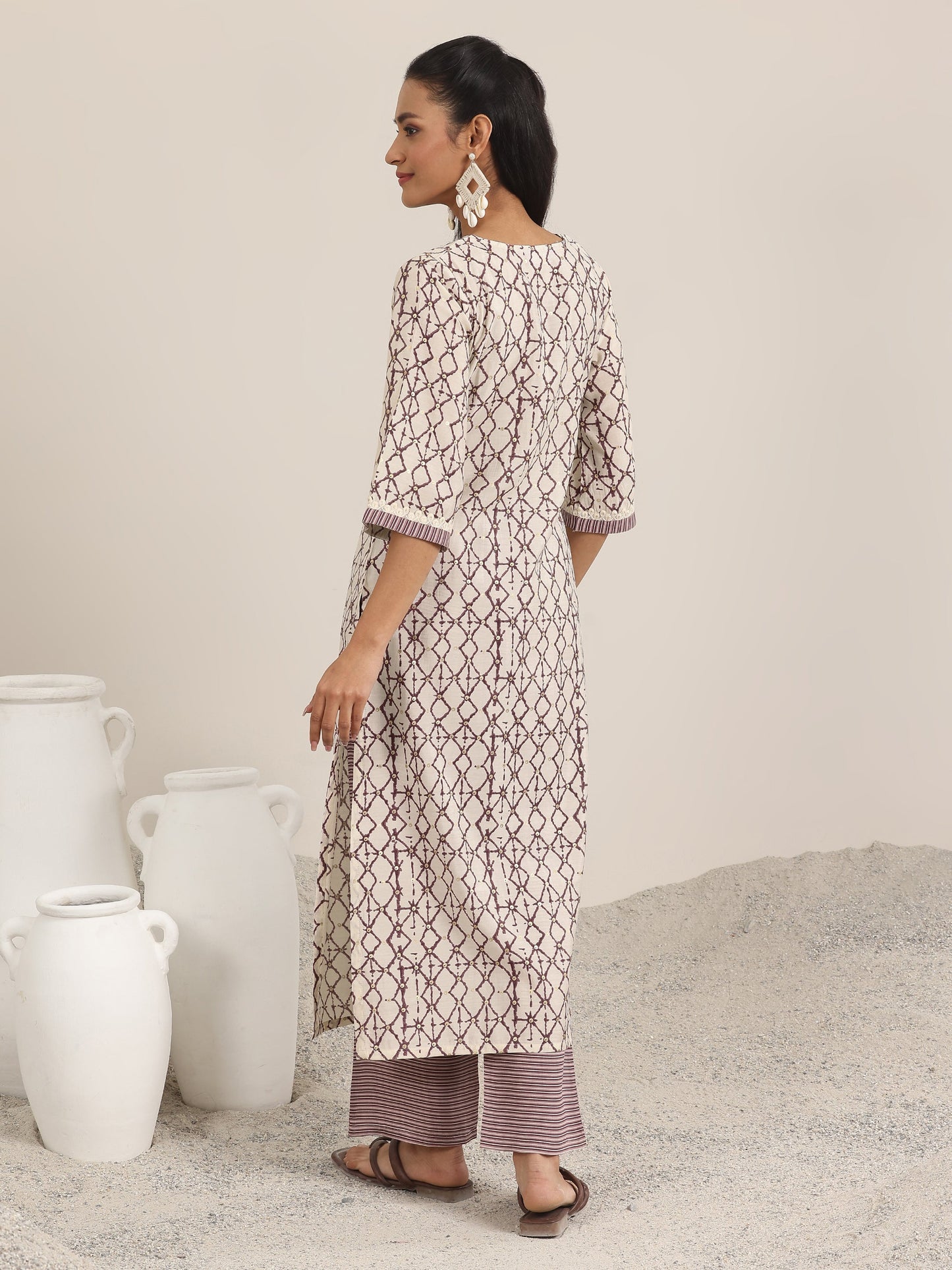 Off White Printed Silk Blend Straight Kurta Set