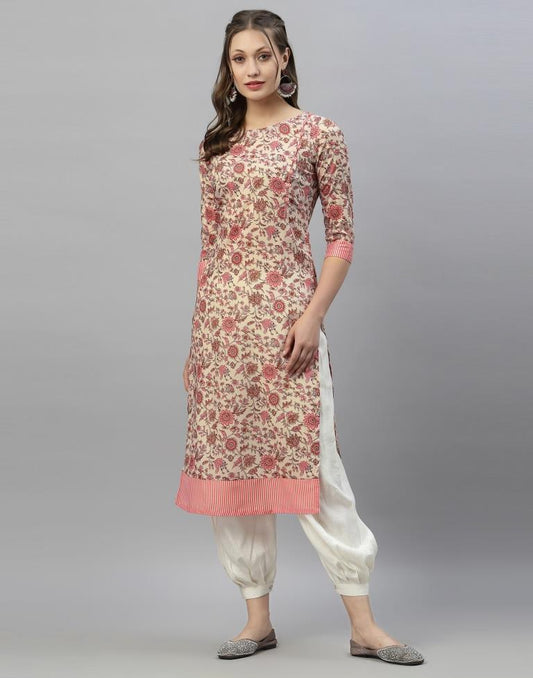 Beige And Pink Printed Kurti