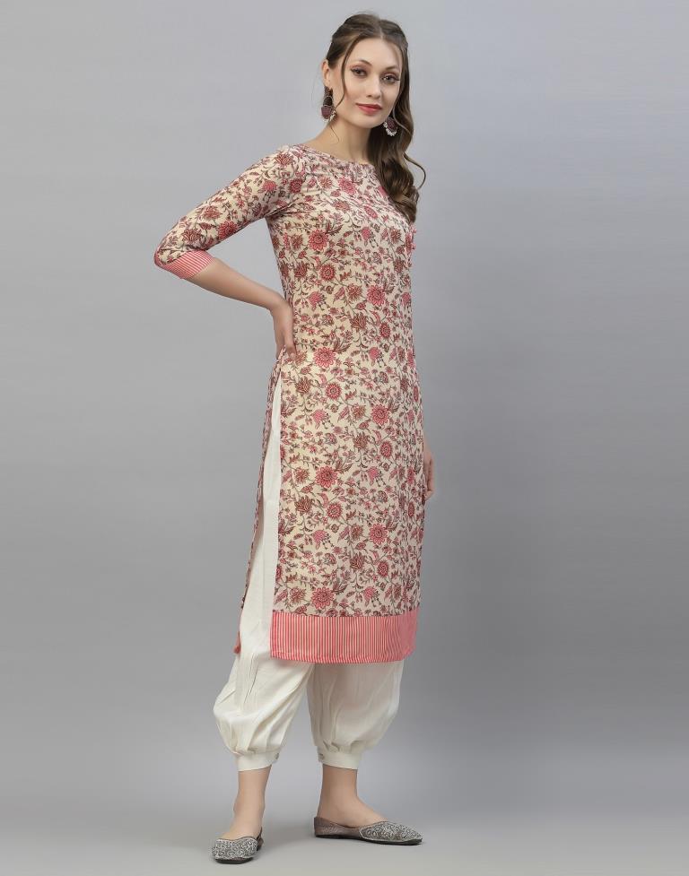 Beige And Pink Printed Kurti