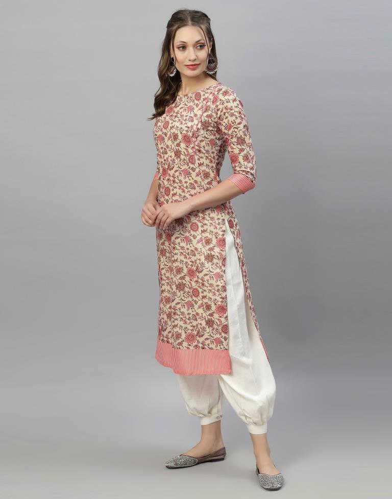 Beige And Pink Printed Kurti