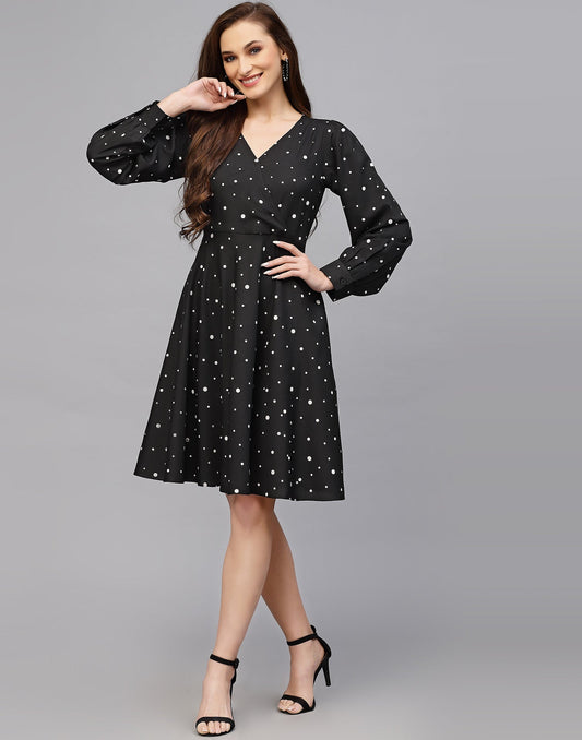 Black Polyester Flared Dress