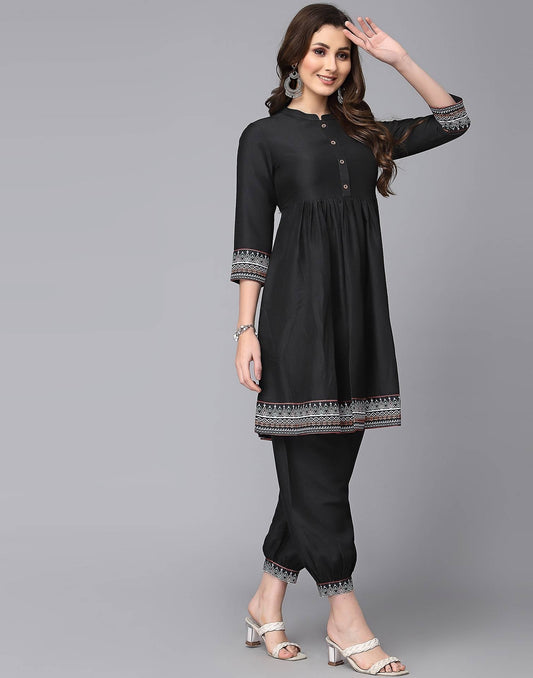 Black Printed Anarkali Kurta with Pant Set