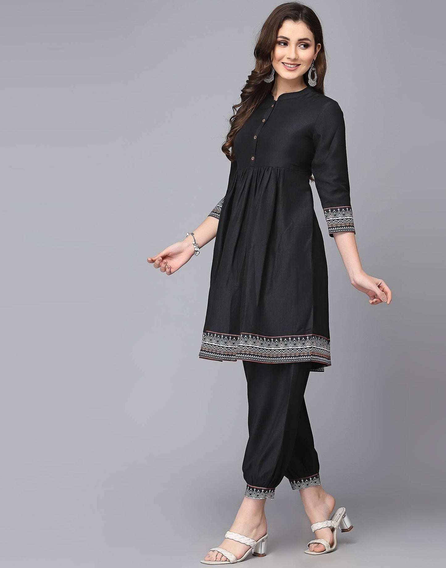 Black Printed Anarkali Kurta with Pant Set