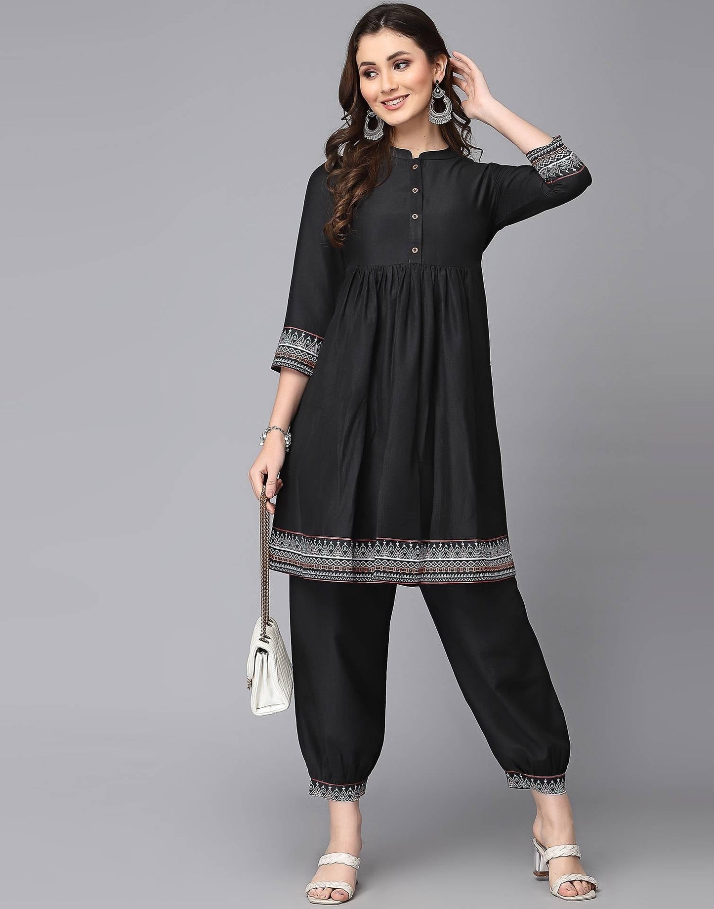 Black Printed Anarkali Kurta with Pant Set