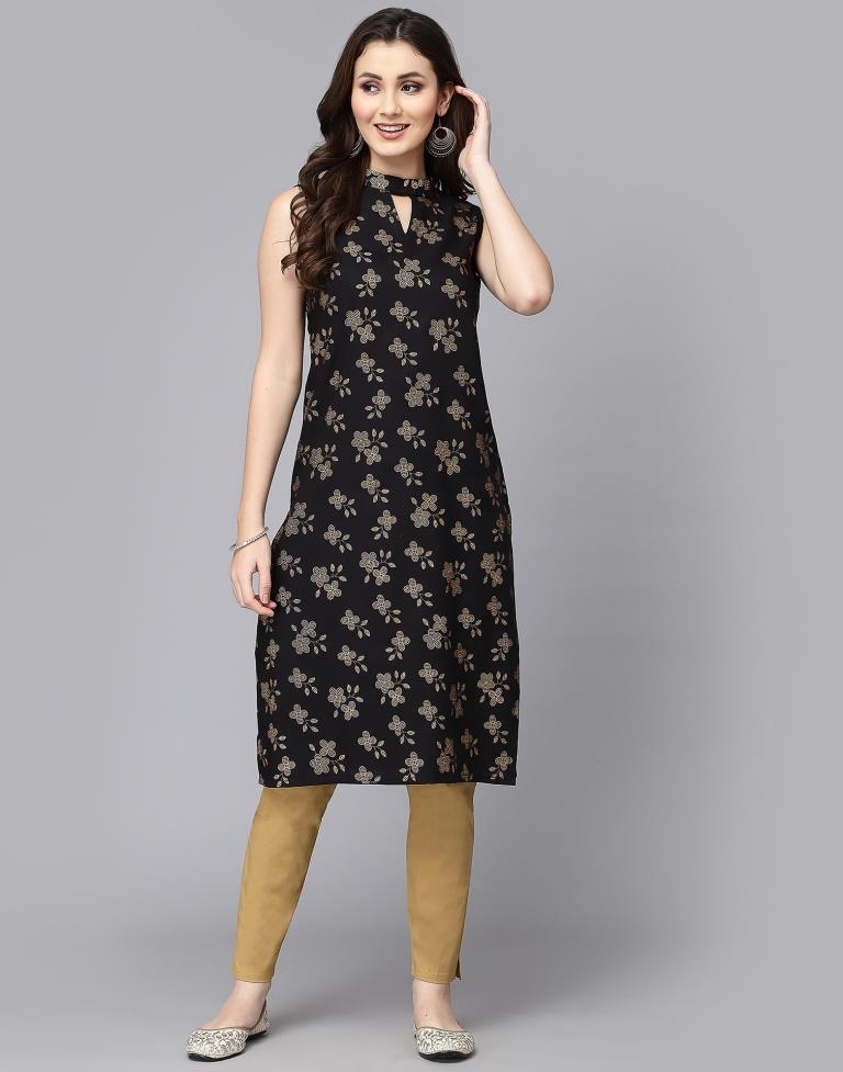 Black Cotton Printed Straight Kurta