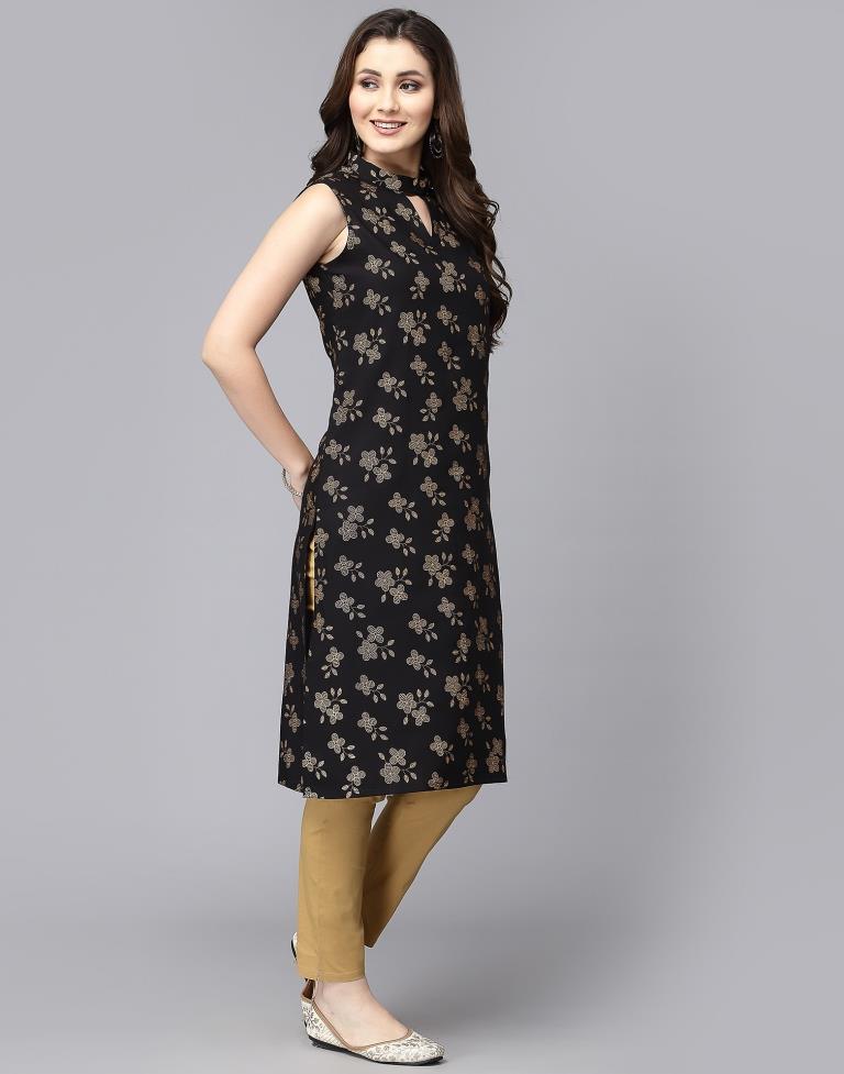 Black Cotton Printed Straight Kurta