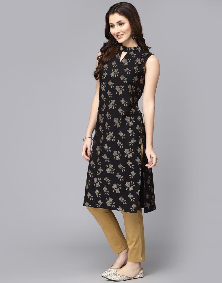 Black Cotton Printed Straight Kurta