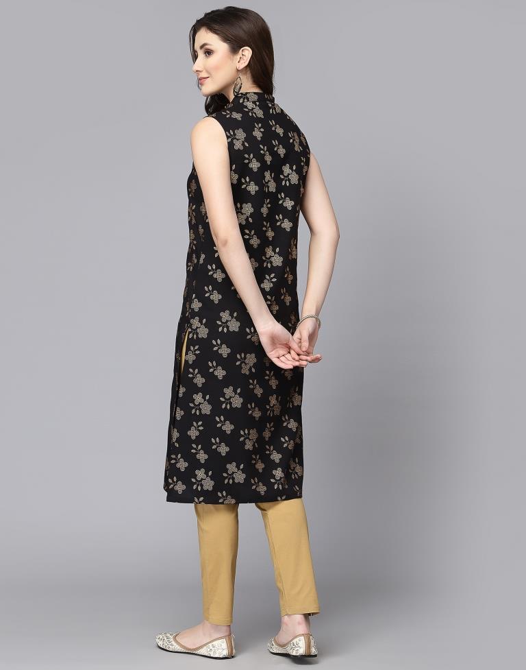 Black Cotton Printed Straight Kurta