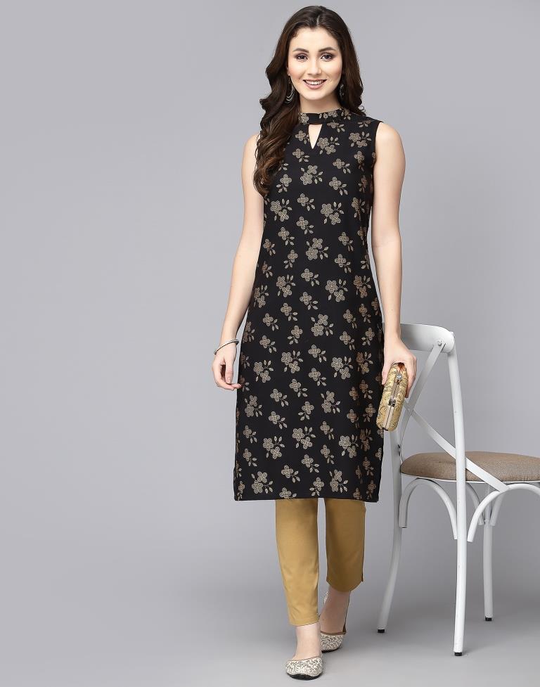 Black Cotton Printed Straight Kurta