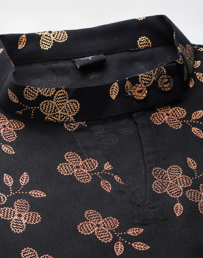 Black Cotton Printed Straight Kurta