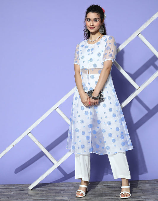 Off White Organza kurta pant With Pant Set